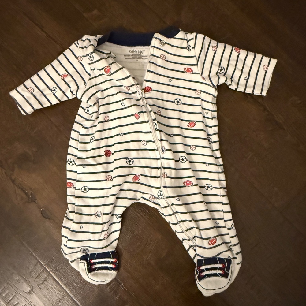 Little Me White & Navy Striped Sports Footed One-Piece